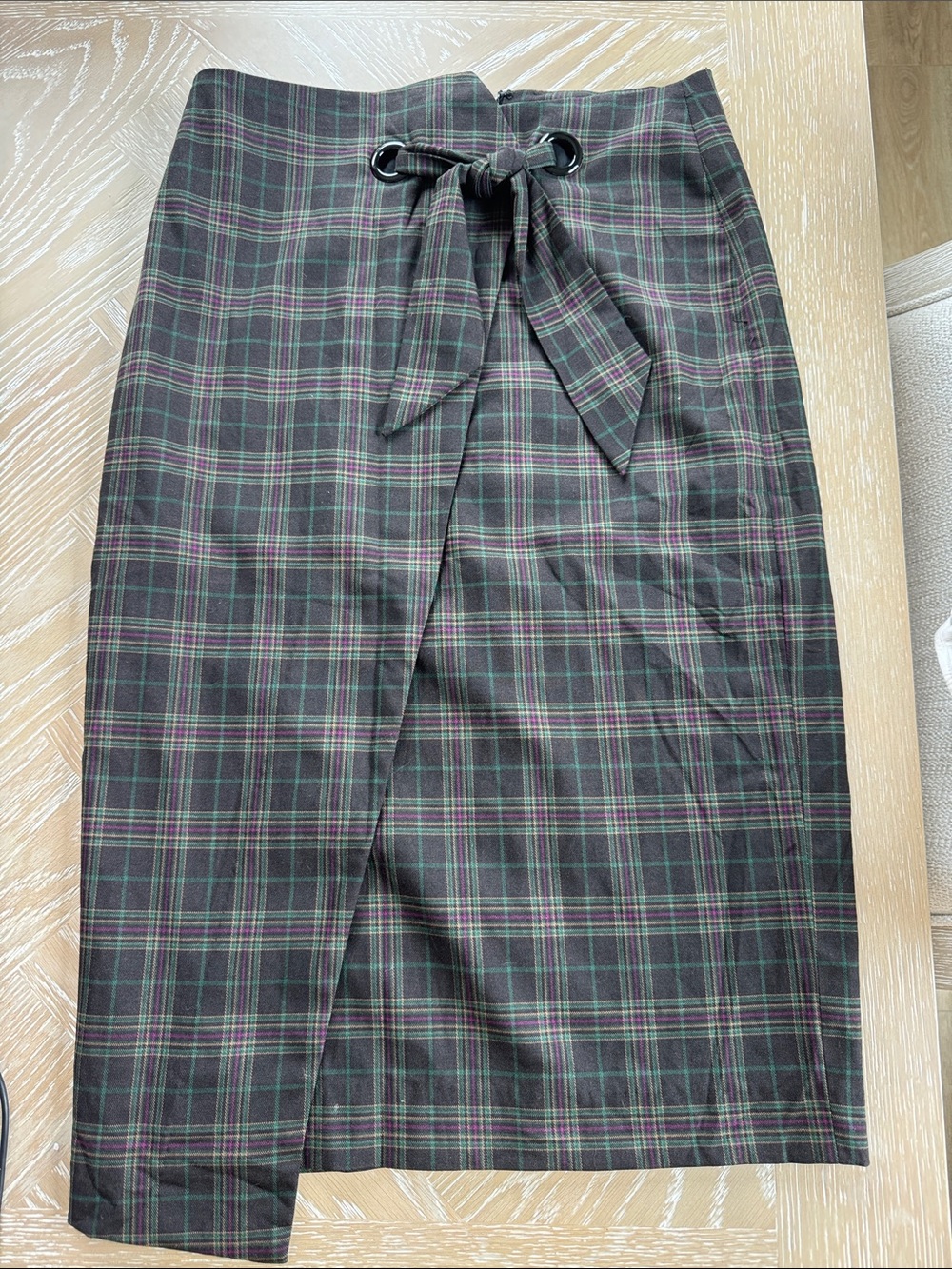 Vince Camuto Green and Purple Plaid Wrap Midi Skirt with Tie